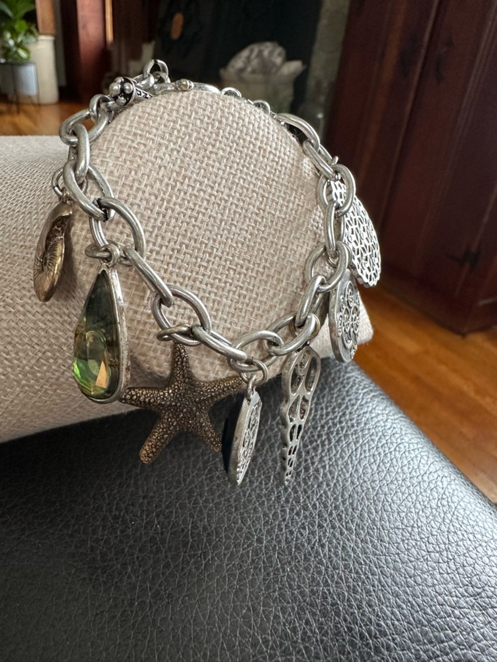 Lucky Brand Silver-Tone Beach Charm Bracelet with Green Crystal Drop
